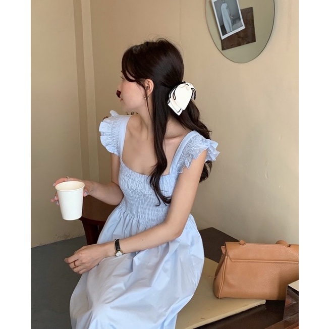 Váy suông bo chun ngực cổ vuông tay cánh tiên