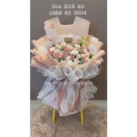 Bó hoa sáp 4 lớp 55bông mix lá táo. Tặng full phụ kiện y hình