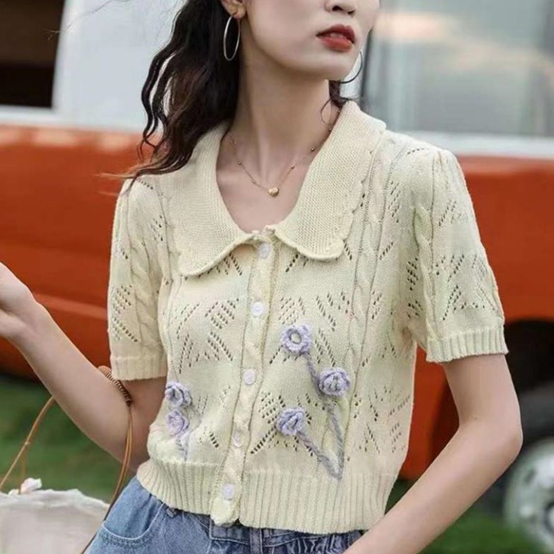 Áo Croptop Dệt Kim Tay Ngắn Thêu Hoa Xinh Xắn Thời Trang Mùa Hè Cho Nữ