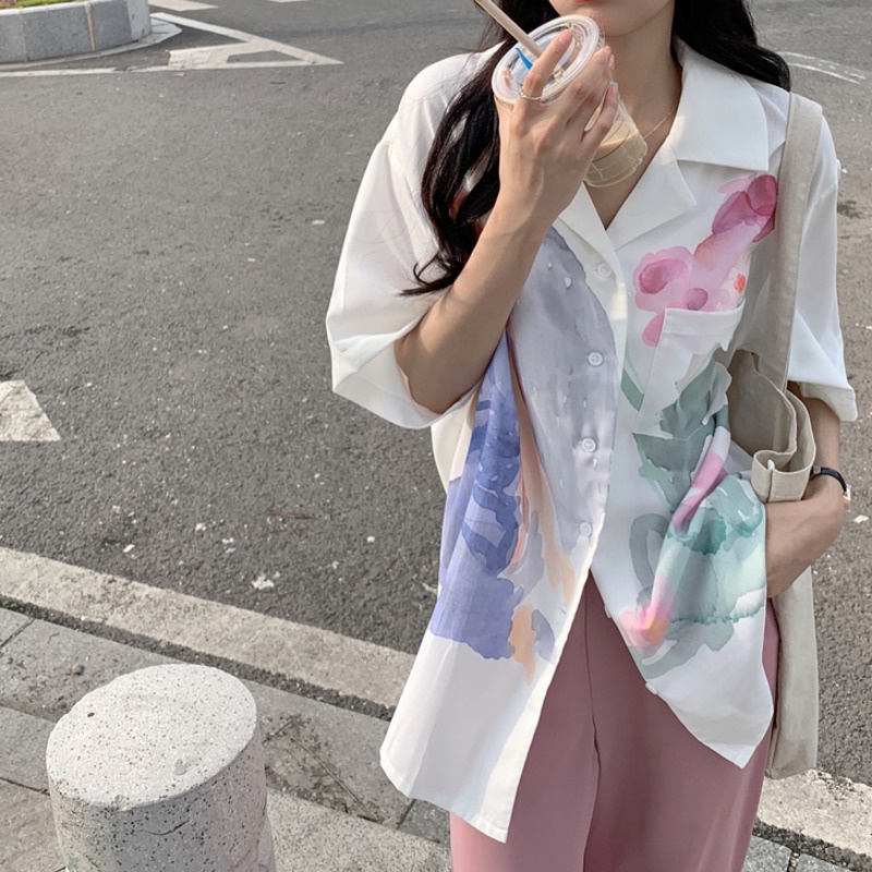 Áo Sơ Mi Tay Ngắn Họa Tiết Màu Nhuộm Thời Trang Cho Nữ