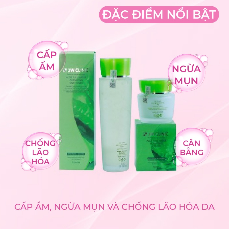 Bộ Skincare dưỡng ẩm 3W CLINIC Hàn Quốc chiết xuất Lô Hội giúp se khít lỗ chân lông mềm mịn da [ Nước hoa hồng + Kem ]