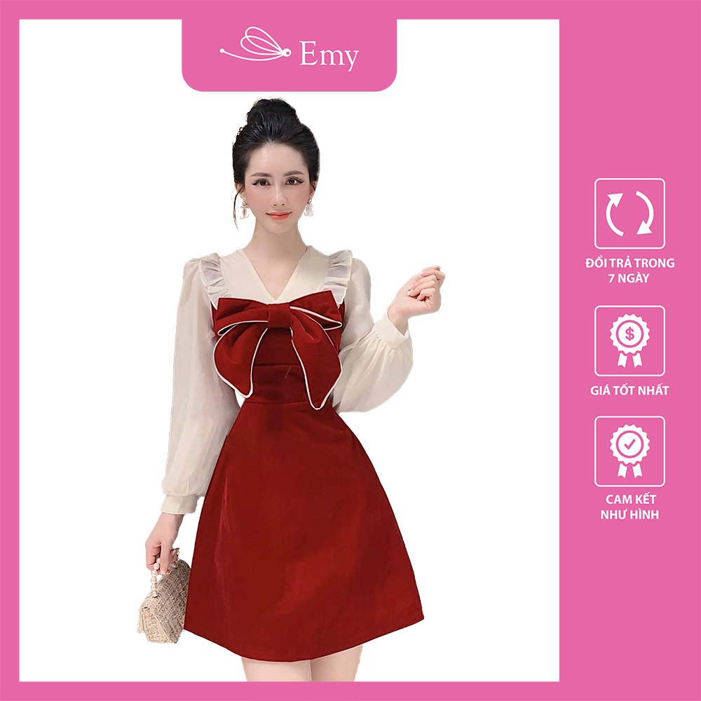 Váy xòe dài tay tay bồng phối nơ ngực tiểu thư sang chảnh Thời Trang Emy 80960