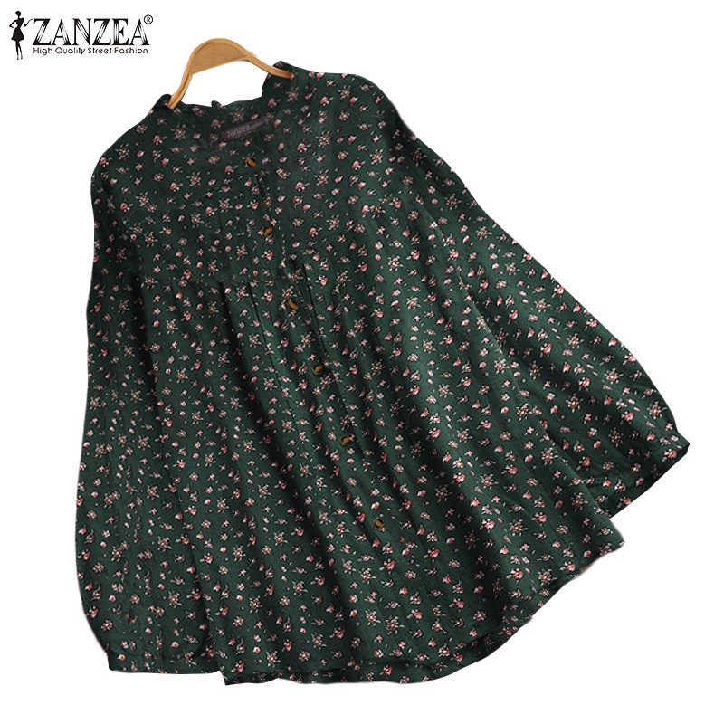 Áo kiểu nữ ZANZEA màu sắc retro cài nút trước tay dài cổ bèo nhún