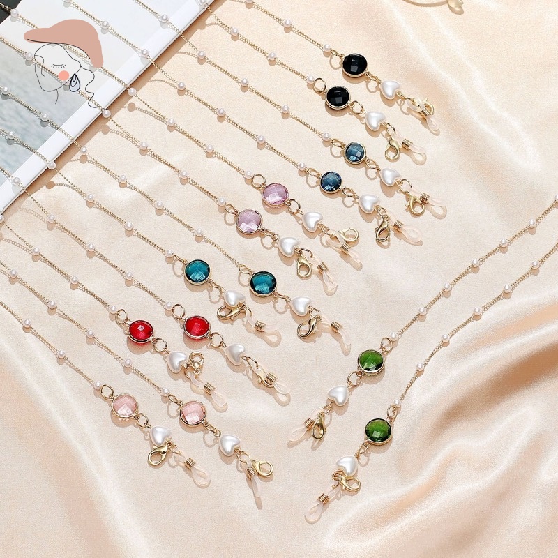 Glasses chain dây đeo gọng kính mix hạt đá đa màu sắc và charm trái tim 3D phong cách Hàn Quốc idol 