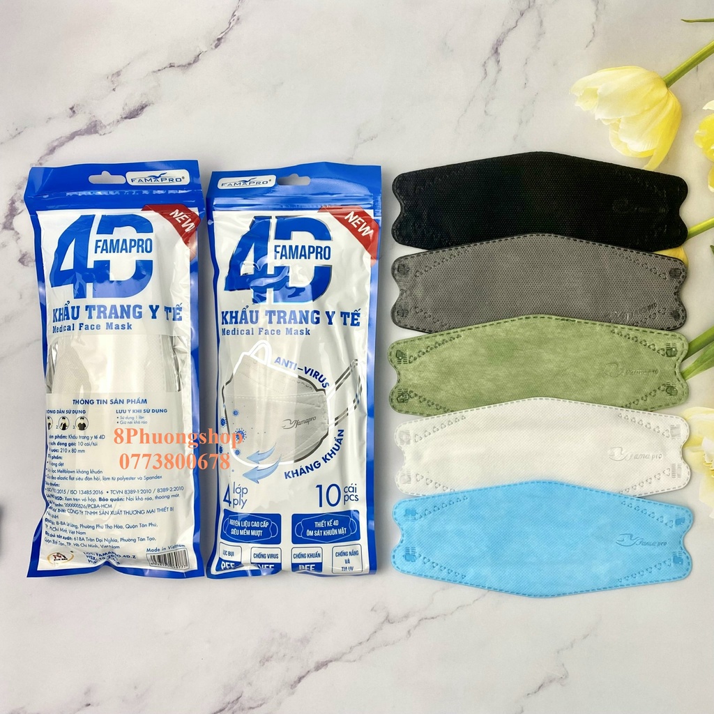 10 Cái Khẩu Trang 4D FAMAPRO DẠNG TÚI Chính Hãng Nam Anh 4 Lớp Kháng Khuẩn