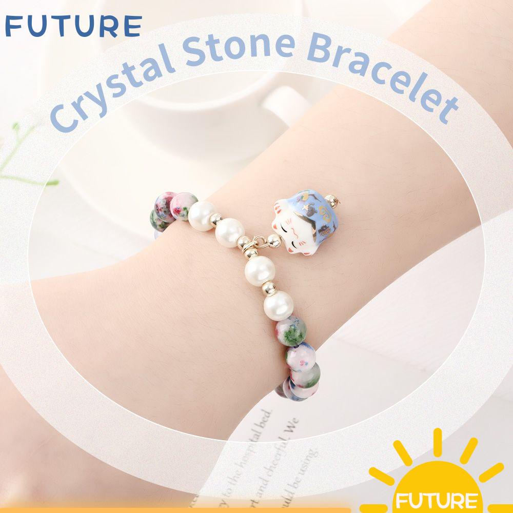 Vòng Tay Chuỗi Hạt Gốm Mặt Hình Mèo May Mắn Phong Cách Nhật Bản Kính