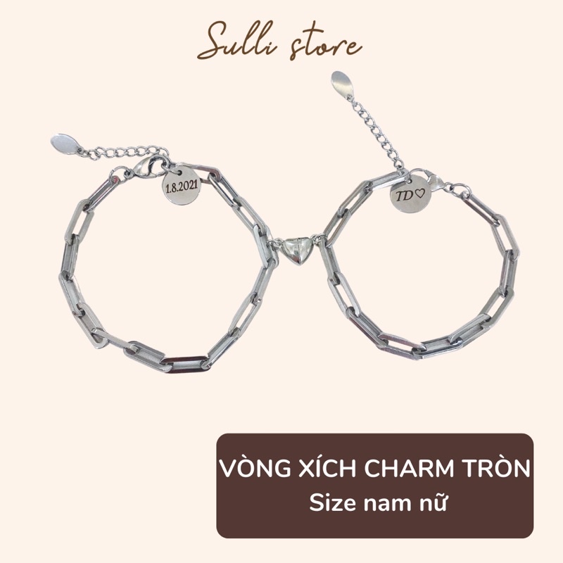 Vòng tay lắc tay cặp đôi xích charm tròn nam châm hít khắc chữ theo yêu cầu Sulli store
