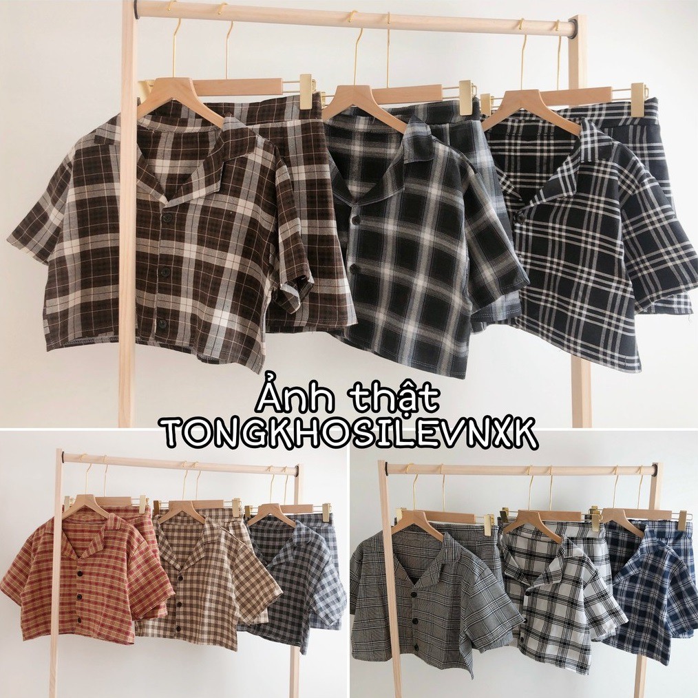 [freesize] SET ÁO SƠ MI CROPTOP KẺ CARO + CHÂN VÁY CHỮ A HOT - SET ÁO CROPTOP CỔ VEST FORM RỘNG 9 MÀU ( ảnh thật ) | BigBuy360 - bigbuy360.vn