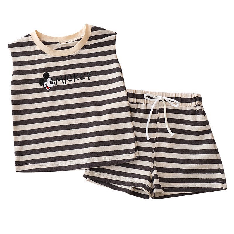 Bộ Quần Áo Ba Lỗ Cotton Kẻ Cho Bé Trai Và Bé Gái Hình Mickey Từ 8 -28Kg Ken Store