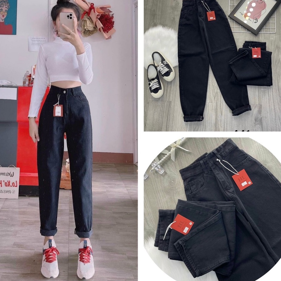 Quần jean baggy nữ trơn basic, Quần bò nữ cạp cao, chất jean dày dặn không dãn