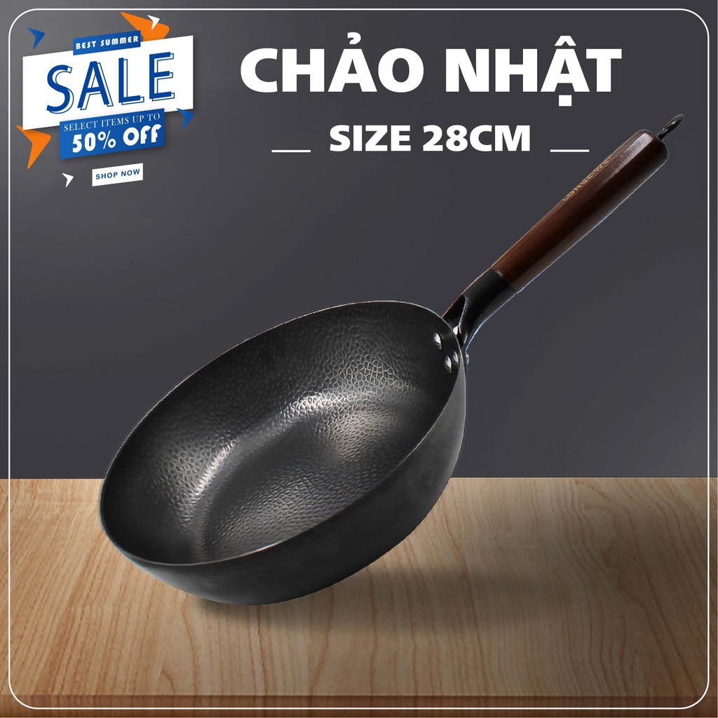 [BÃO SALE] Chảo chống dính nhật bản 28cm Chảo đen chống dính Nhật Bản TKESI TETSU PLUS , quai gỗ , hàng mới trong thùng