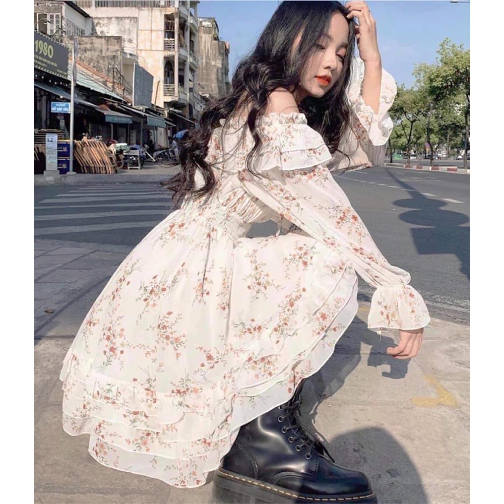Váy trắng trễ vai hoa nhí babydoll thắt chun eo , đầm dự tiệc tiểu thư vintage kiểu ulzzang | BigBuy360 - bigbuy360.vn