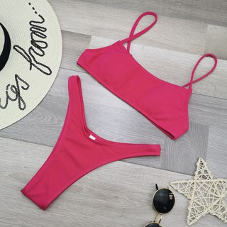 Bikini 2 mảnh trơn quần cạp cao basic tôn dáng