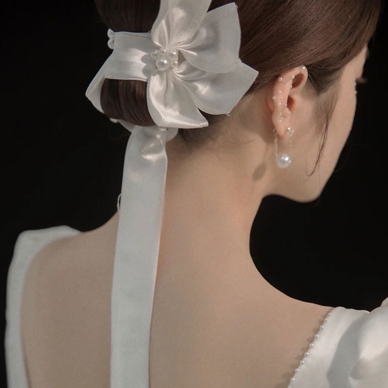 Kẹp Tóc Nơ Satin Phong Cách Tối Giản Cho Cô Dâu