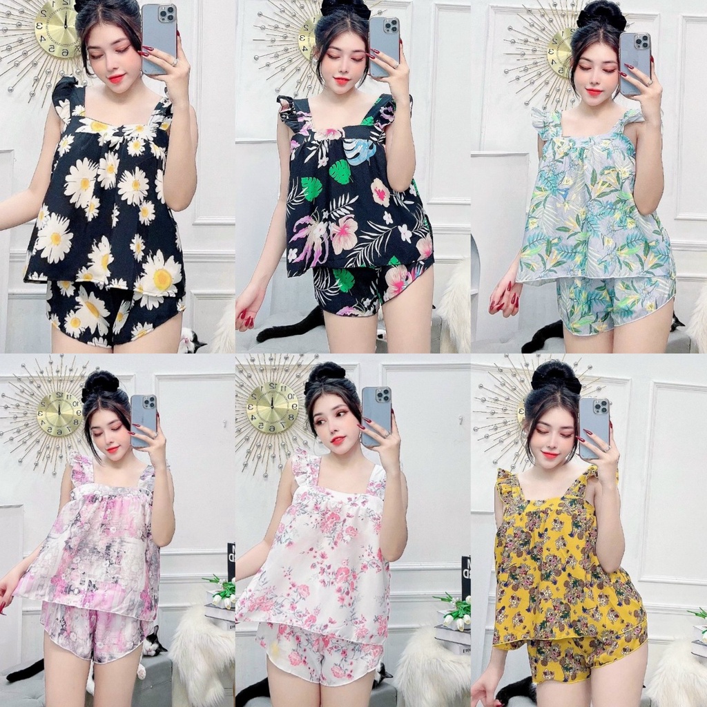 đồ ngủ tay cánh tiên vải phi lụa họa tiết lạ nhiều màu siêu xinh freesize dưới 57kg