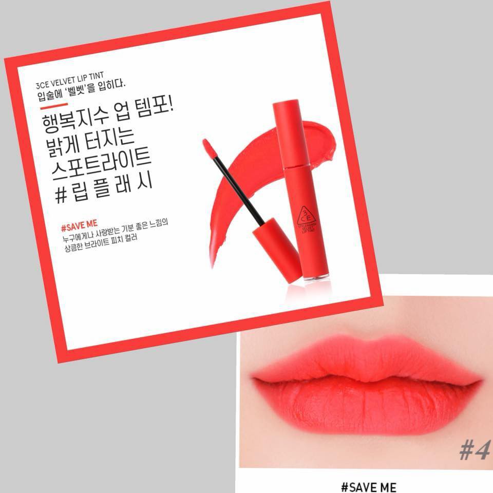 Son kem lì 3CE Velvet Lip Tint #Save Me - Màu San Hô Neon