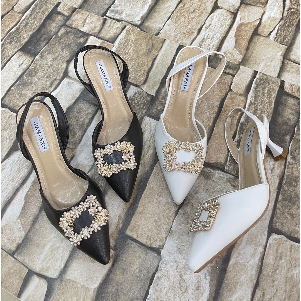 Sandal bít mũi da mịn nơ đá ong vuông gót nhọn - 5P