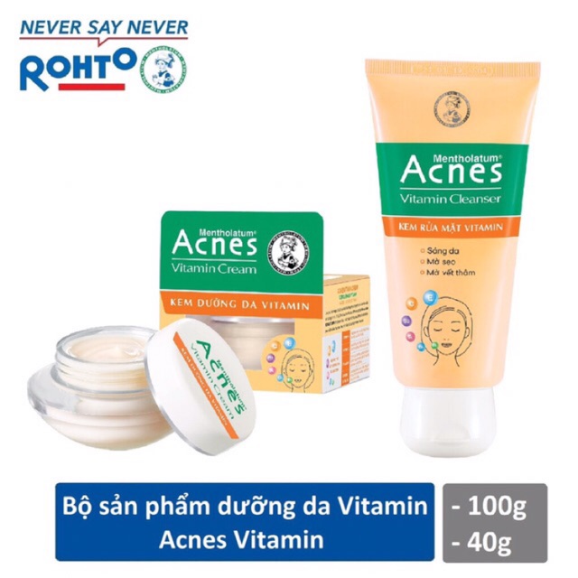 Combo phục hồi làn da sau mụn Acnes gồm kem rửa mặt Acnes Vitamin 100g/50g và kem dưỡng da Acnes Vitamin 40g