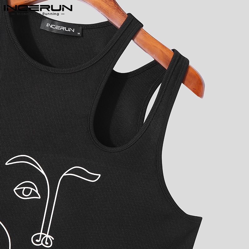 Áo thun INCERUN thiết kế bất đối xứng không tay họa tiết in dáng ôm cho nam