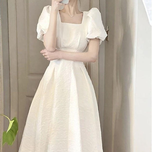 Đầm Maxi Dáng Chữ A Tay Phồng Cổ Vuông Màu Trắng / Đen Thời Trang Sang Trọng Cho Nữ