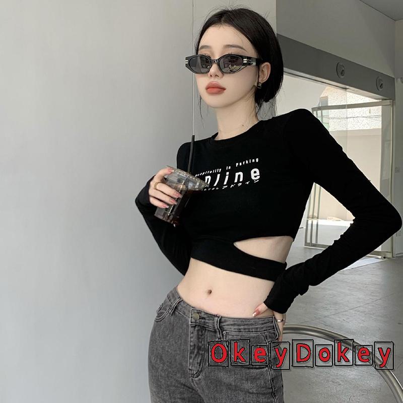 Áo Croptop Cổ Tròn Tay Dài Khoét Hông In Chữ Cho Nữ