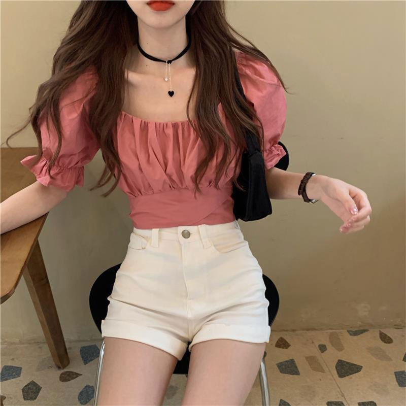 Áo Croptop Tay Phồng Cổ Chữ U Hở Lưng Màu Trơn Thời Trang Quyến Rũ Cho Nữ