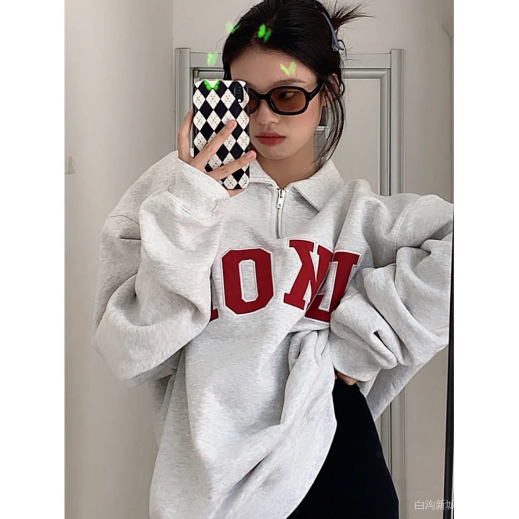 Áo khoác tay dài khóa kéo thêu chữ phong cách đường phố thời trang mùa thu đông mới