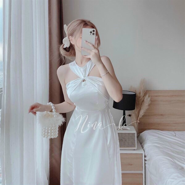 (Sale FreeShip) Đầm thiết kế đi tiệc,đầm nữ cổ yếm dáng xòe chất phi lụa mềm,tone trắng sang chảnh hàng chuẩn shop