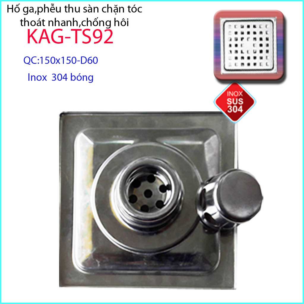 Phễu thoát sàn 15x15cm KAG-TS92 (D6cm)  inox 304, hố ga thoát sàn khách sạn cho ống D60mm mặt caro chống mùi hôi