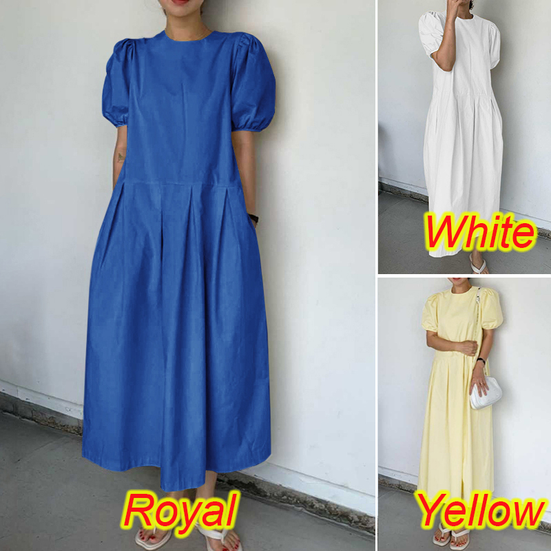 ZANZEA Women Puff Sleeve Side Zipper Pleated Loose Casual Long Dress | BigBuy360 - bigbuy360.vn