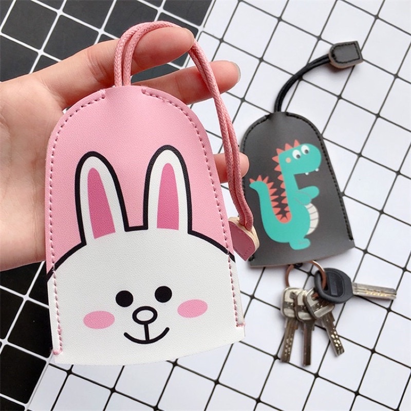 Vỏ da PU bảo vệ chìa khoá oto, chìa khoá nhà; Móc khoá rút giấu chìa mẫu Gấu Thỏ Vịt Brown Cony Sally Line