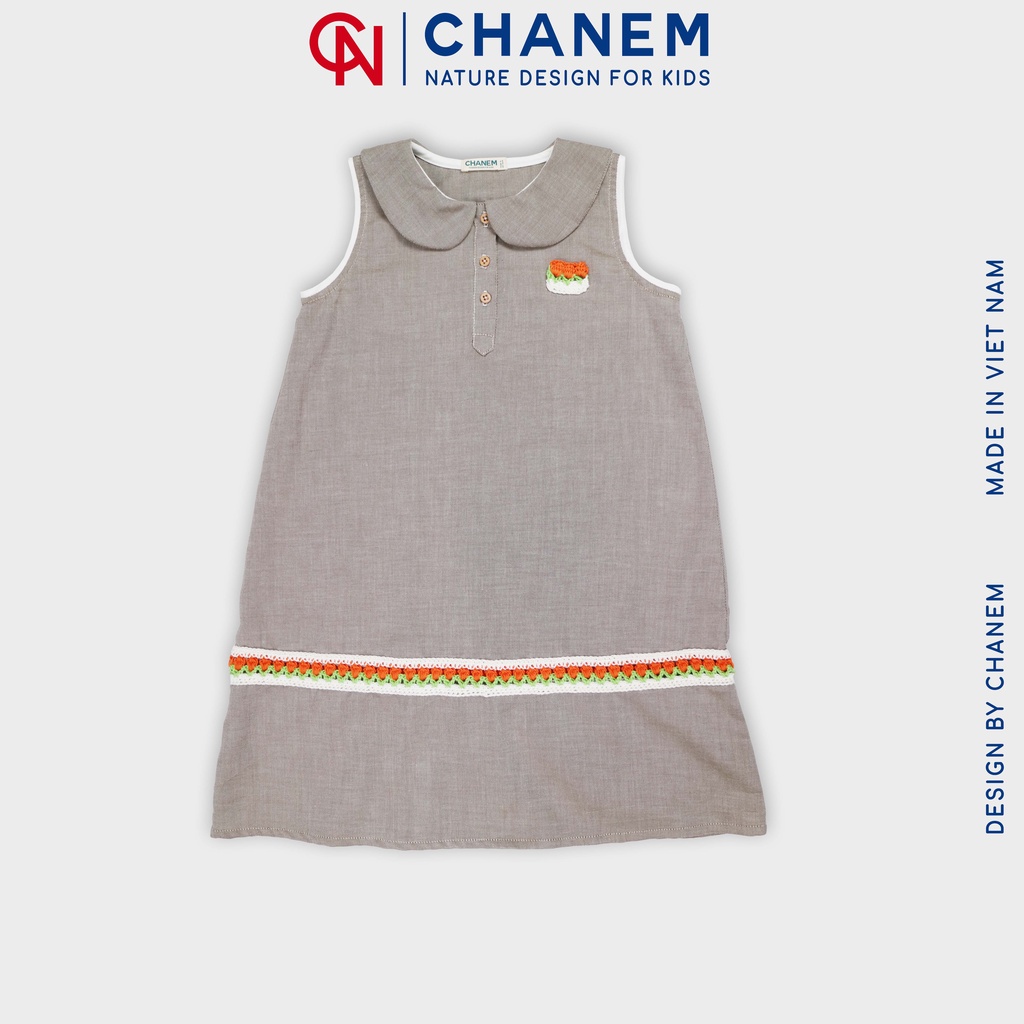 Váy bé gái dáng suông cổ sen phối họa tiết móc thủ công bằng sợi cotton Việt Nam LOTULIP CHANEM, váy chất liệu cotton