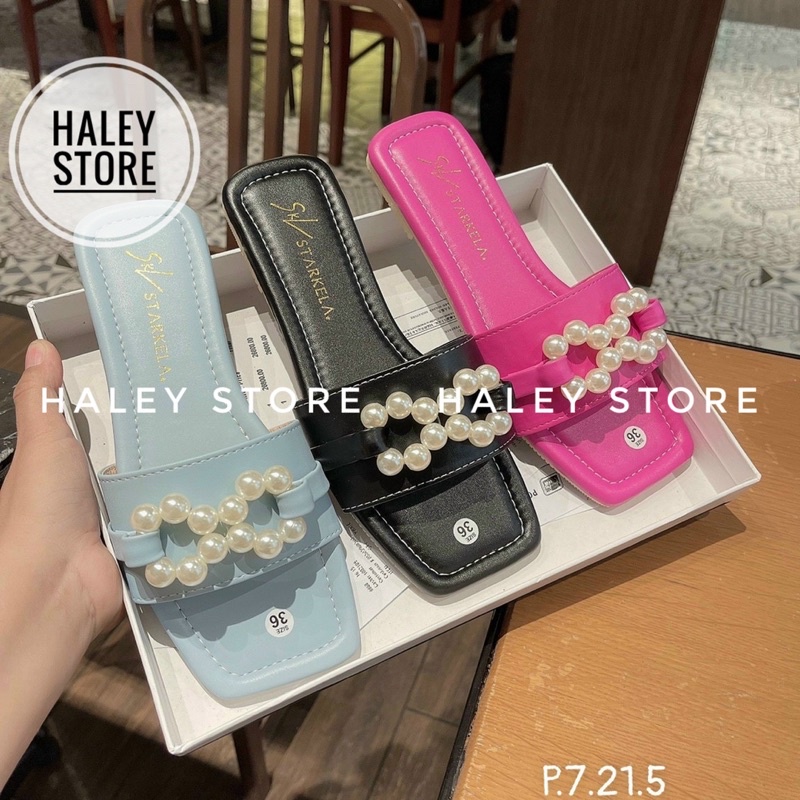 Dép nữ đế bệt HALEY STORE quai ngang mũi vuông đính nơ ngọc màu trẻ trung năng động rẻ bền đẹp đi trong nhà chơi du lịch