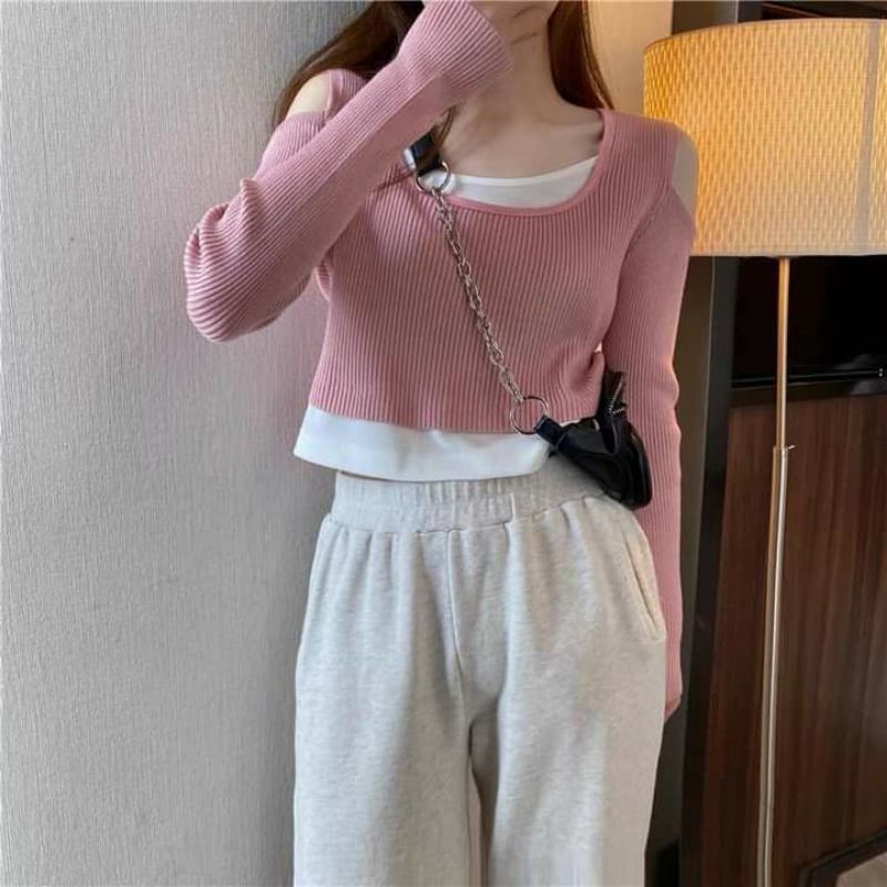 Áo thun gân tay dài khoét vai Thu Đông🍁