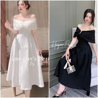 Đầm váy midi dự tiệc bẹt trễ vai phối voan bi hàng hotgirl