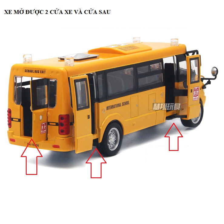 Ô tô School Bus tỉ lệ 1:32 xe ô tô đồ chơi trẻ em bằng sắt mở các cửa có đèn và âm thanh