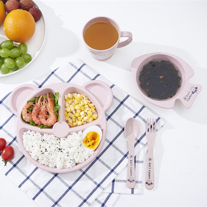 Khay ăn dặm, Khay gấu kèm thìa và dĩa, chất liệu lúa mạch an toàn cho bé