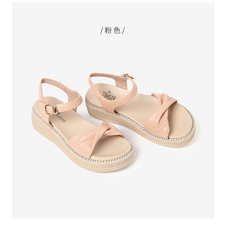 Giày Sandal đế xuồng nữ dusto quai ngang cao 5.5p giá rẻ thời trang công sở đẹp cao cấp da mềm êm chân màu be-ĐX004
