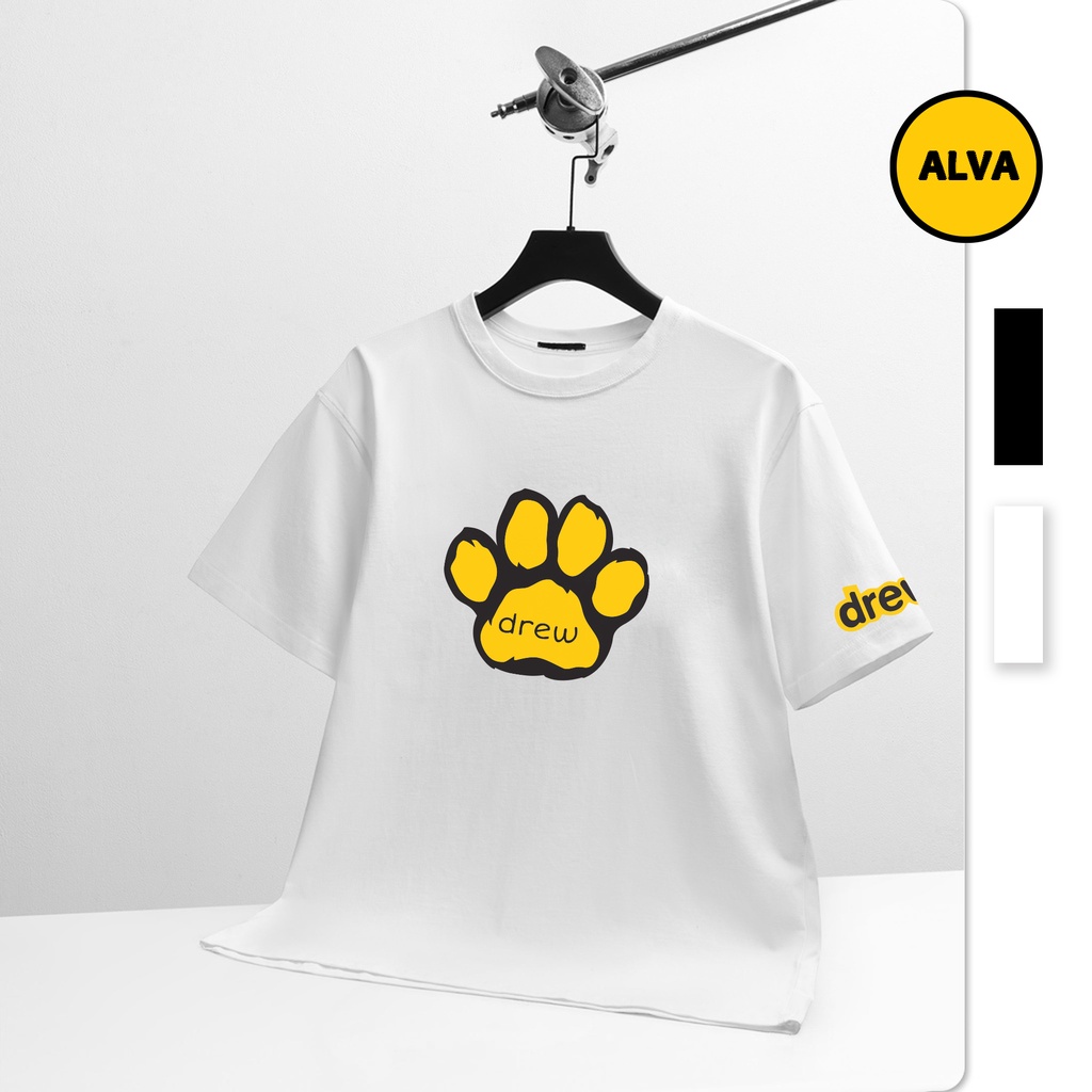 Áo Thun Oversize Nam Nữ Unisex Tay Lỡ Form Rộng Chất Liệu Cotton DREW Mẫu Dấu Chân - ALVA Đen - Trắng
