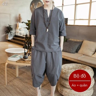 Bộ đồ nam kiểu Trung Quốc Tang Hanfu phong cách retro vải cotton hai mảnh Thương hiệu Phật triều mùa hè mỏng