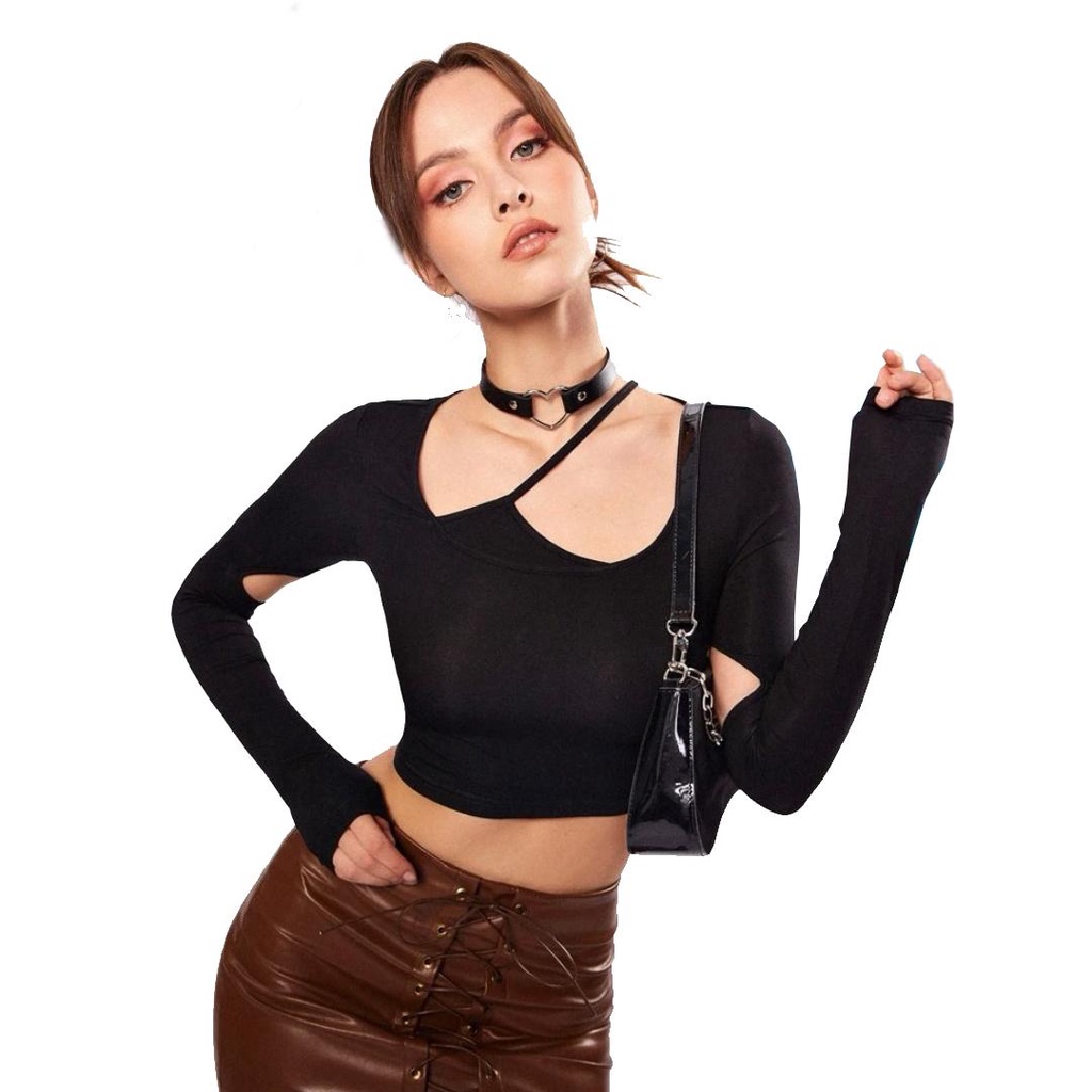 Áo thun tay dài ôm body Junest áo dáng ngắn khoét tay dây chéo cổ cotton mịn Butterfly KTDCC