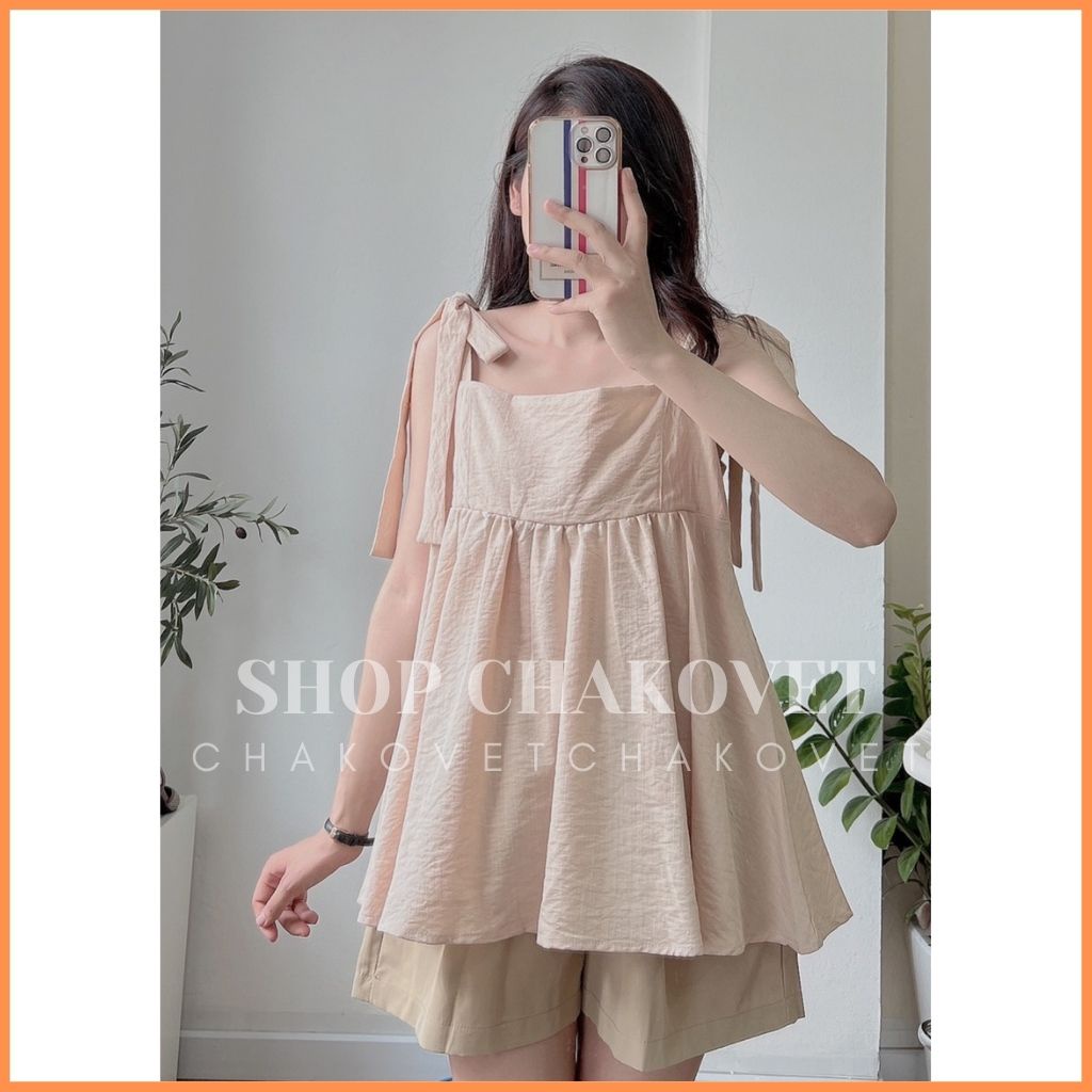 Set đồ nữ S8286, sét babydoll nữ kèm quần mùa hè áo kiểu nữ 2 dây bánh bèo freesize đi biển đi chơi sang chảnh-CHAKOVET