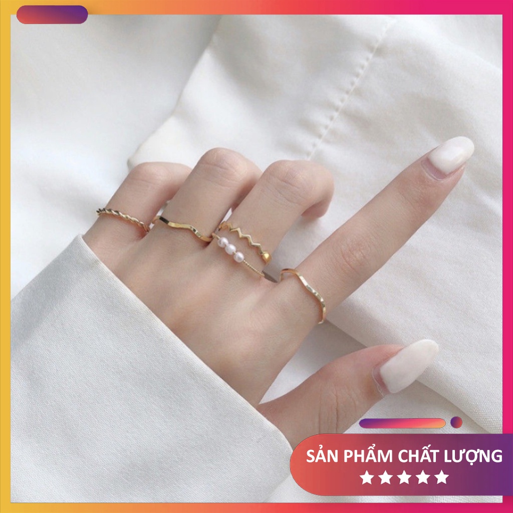 Set 5 nhẫn nữ, bộ 5 chiếc nhẫn đính hạt ngọc cao cấp, phong cách thời trang cá tính