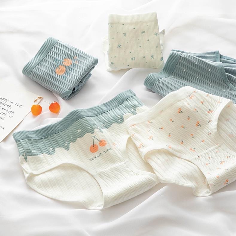 [Giá sỉ] Quần Lót Cotton Gân Tăm Hoạ Tiết Cherry Tông Xanh Trắng Cute
