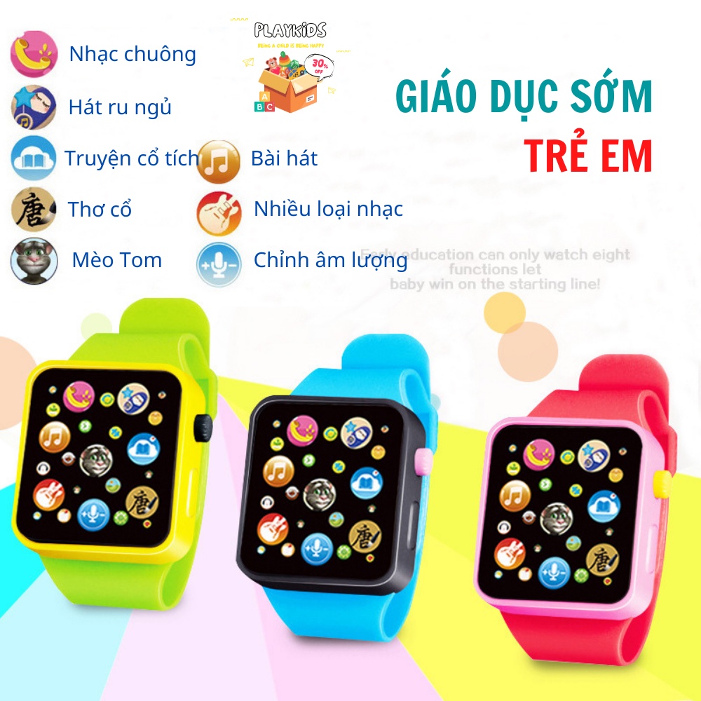 Đồng Hồ Đồ Chơi Cho Bé Mô Phỏng Apple Watch Cảm Ứng Phát Nhạc Đèn LED, Đồ Chơi Giao Dục Sớm Trẻ Em PlayKids