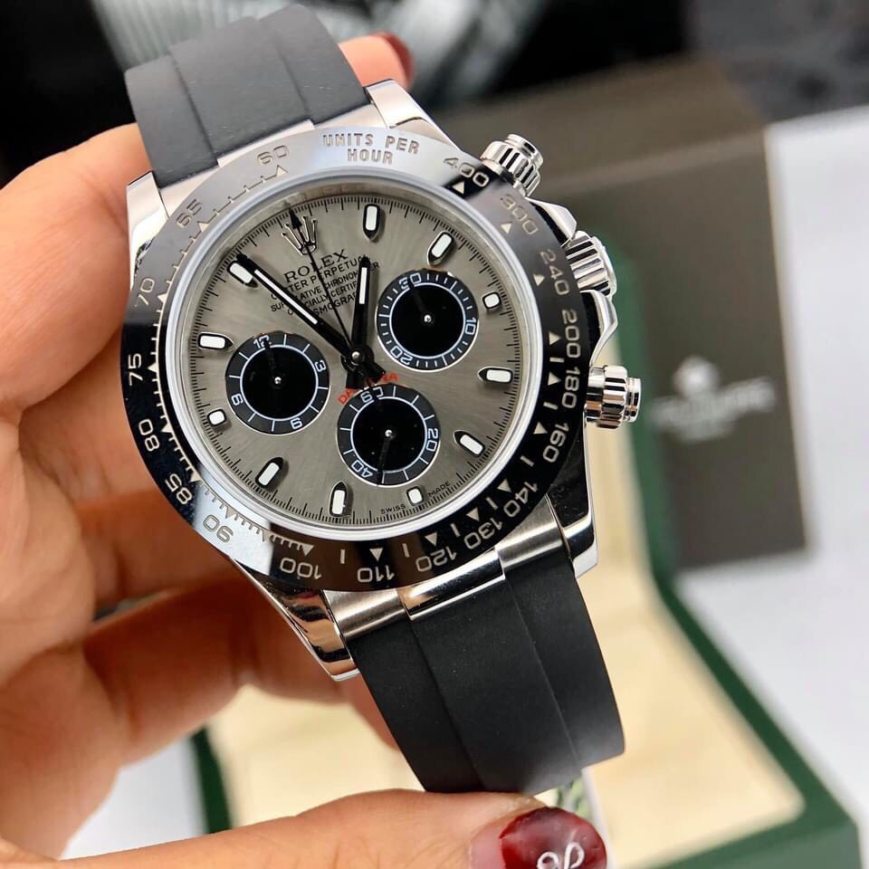 Đồng hồ Nam Rolex máy nhật-Đồng hồ cơ Automatic Rolex 3 nút KIM DẠ QUANG mặt xám dây cao su size 41-42 mm