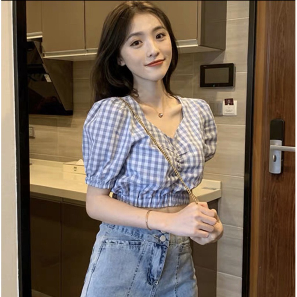 ÁO CROPTOP ÔM BODY NGẮN CO GIÃN - ÁO KIỂU CRT ULZANG NGẮN TAY CARO 119