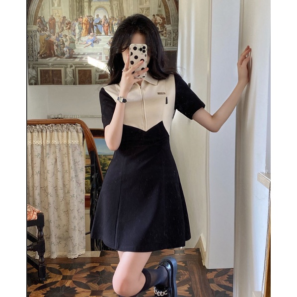 Váy polo dáng xòe khóa ngực bo eo phối màu vintage cực xinh ảnh thật