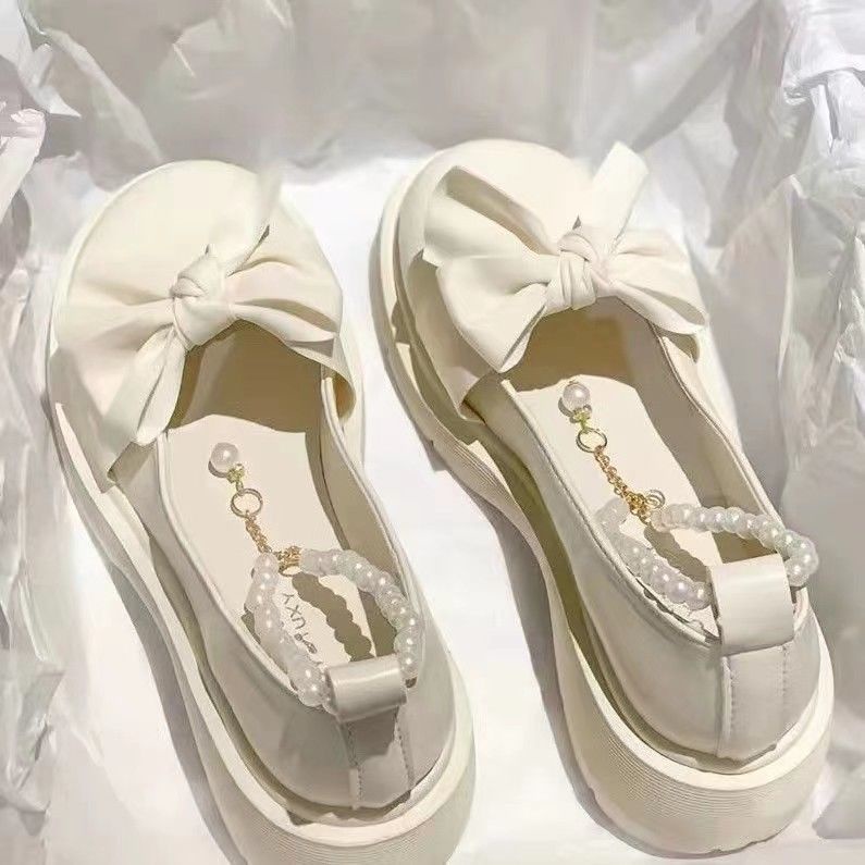 Hàng Có Sẵn Mới Về Giày Mary Jane Bằng Da Đế Dày Đính Nơ Và Ngọc Trai Thời Trang Xuân Hè