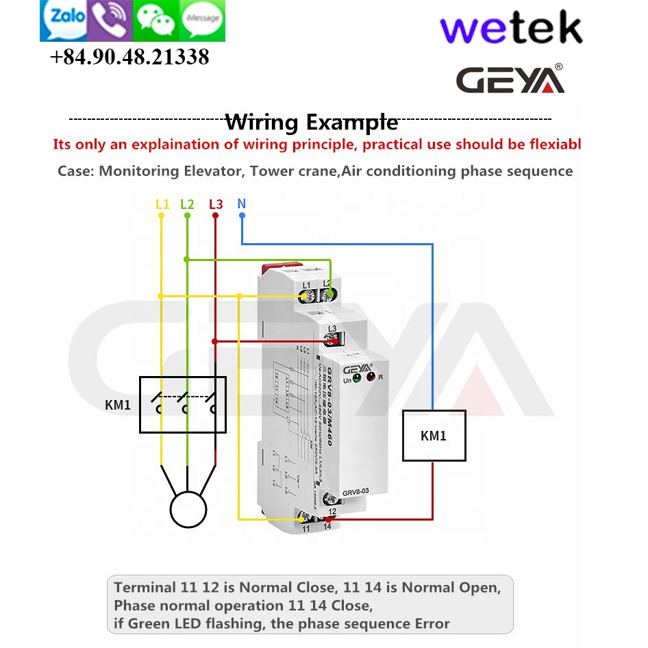 Wetek | Geya GRV8-03D Relay điện áp 3P+N, bảo vệ pha , 18mm, DIN, 3 pha 4 dây, 3P4W, 2xSPDT